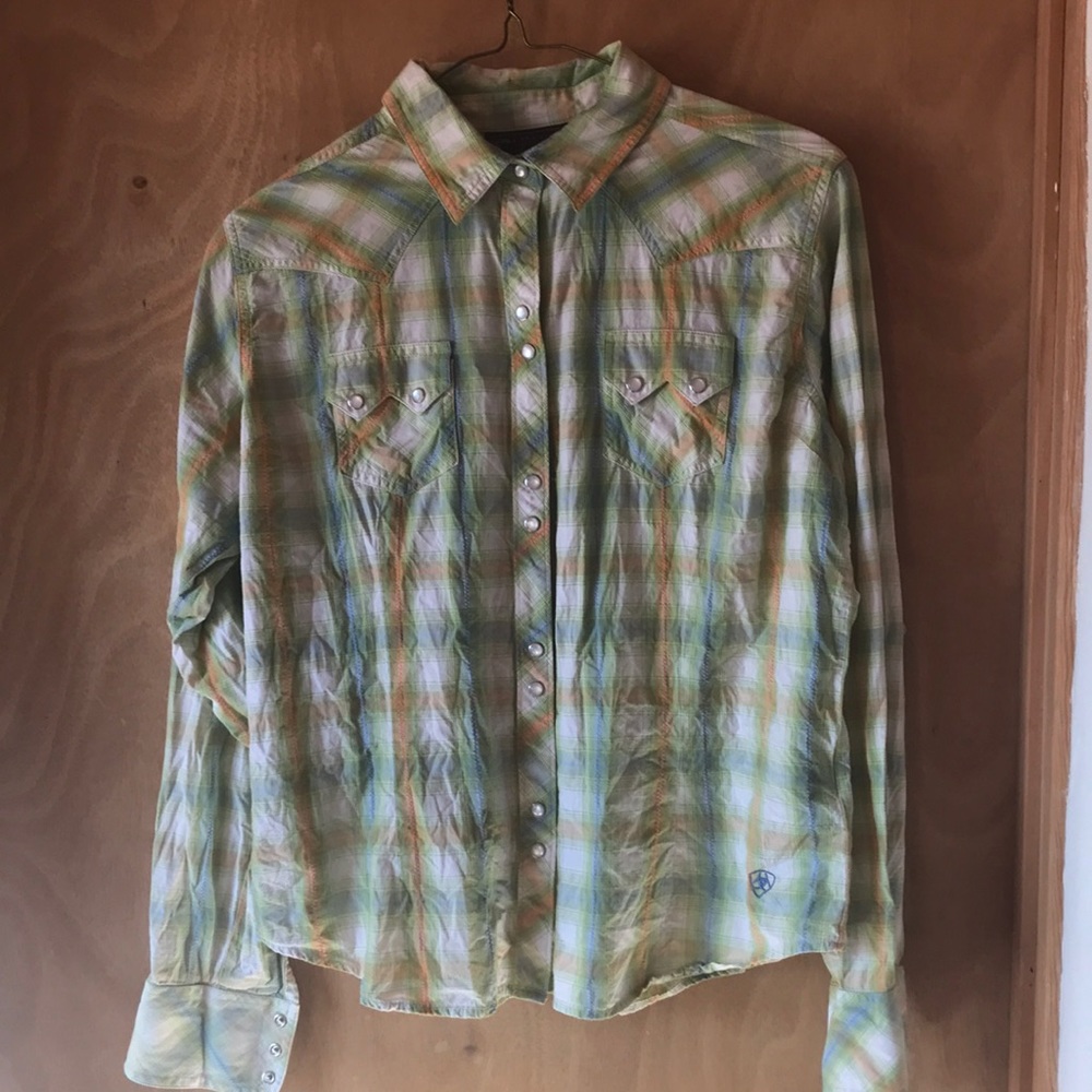 Ariat snap up, green blue and orange, size large